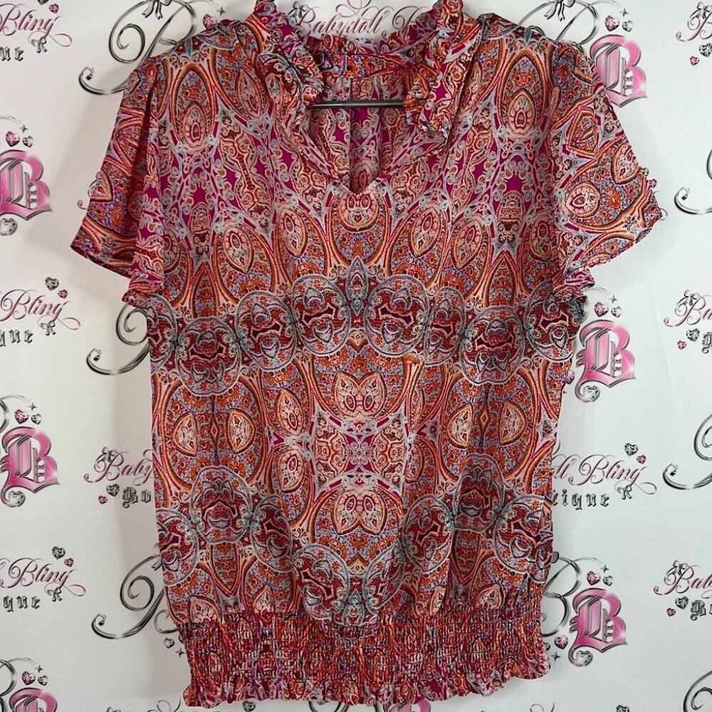 Rose & Olive tshirt tee boho orange pink smocked Multicolor Paisley Blouse